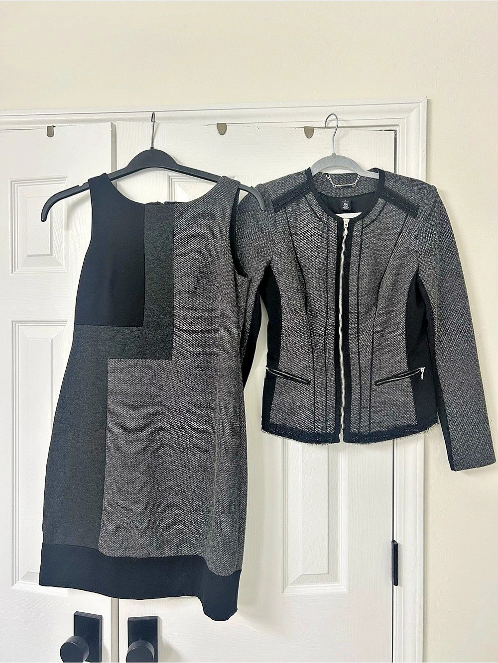 White House Black Market Textured Zip Jacket and dress set in Black & Gray Size